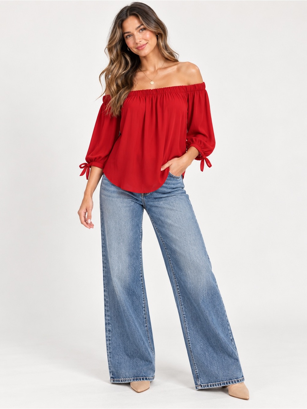 Express Red Off Shoulder Blouse Tie Sleeve Boho Romantic Top Medium
